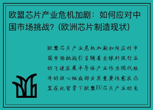 欧盟芯片产业危机加剧：如何应对中国市场挑战？(欧洲芯片制造现状)