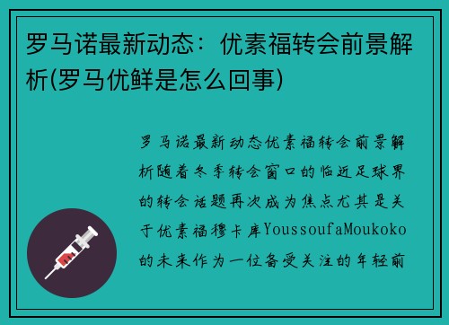 罗马诺最新动态：优素福转会前景解析(罗马优鲜是怎么回事)