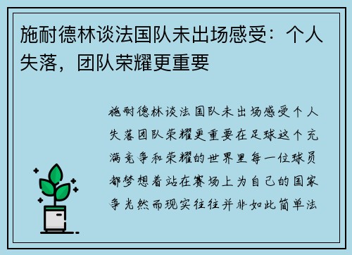 施耐德林谈法国队未出场感受：个人失落，团队荣耀更重要
